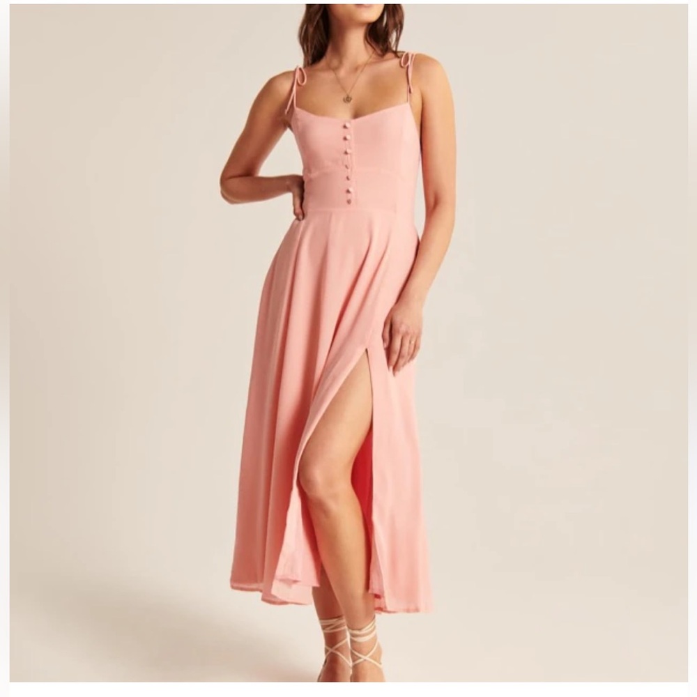 Abercrombie Coral Midi Dress with Ribbon Tie Strap | Size M